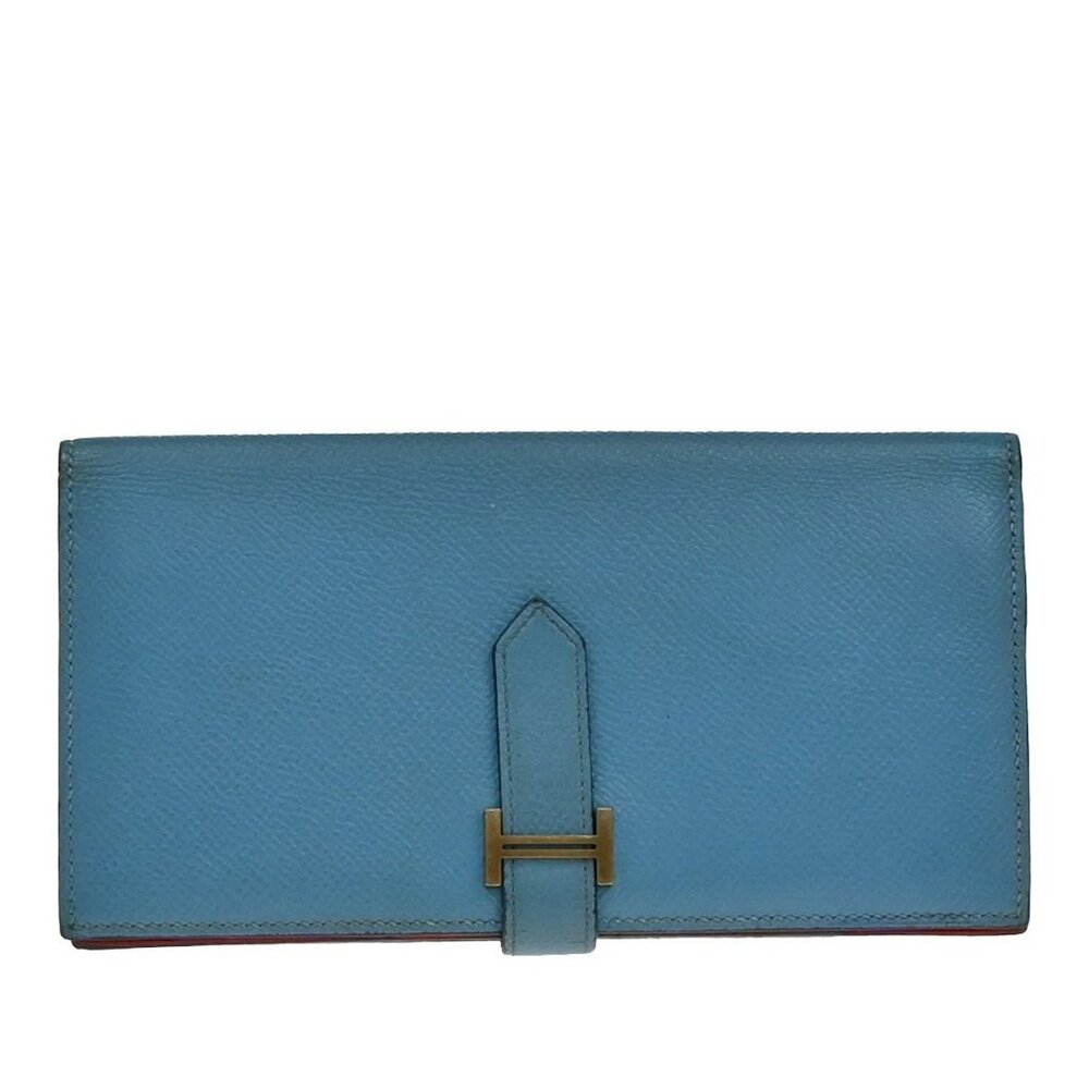 HERMES H Logo Bearn Long Bifold Wallet Leather Blue Red GHW France 32EF997
